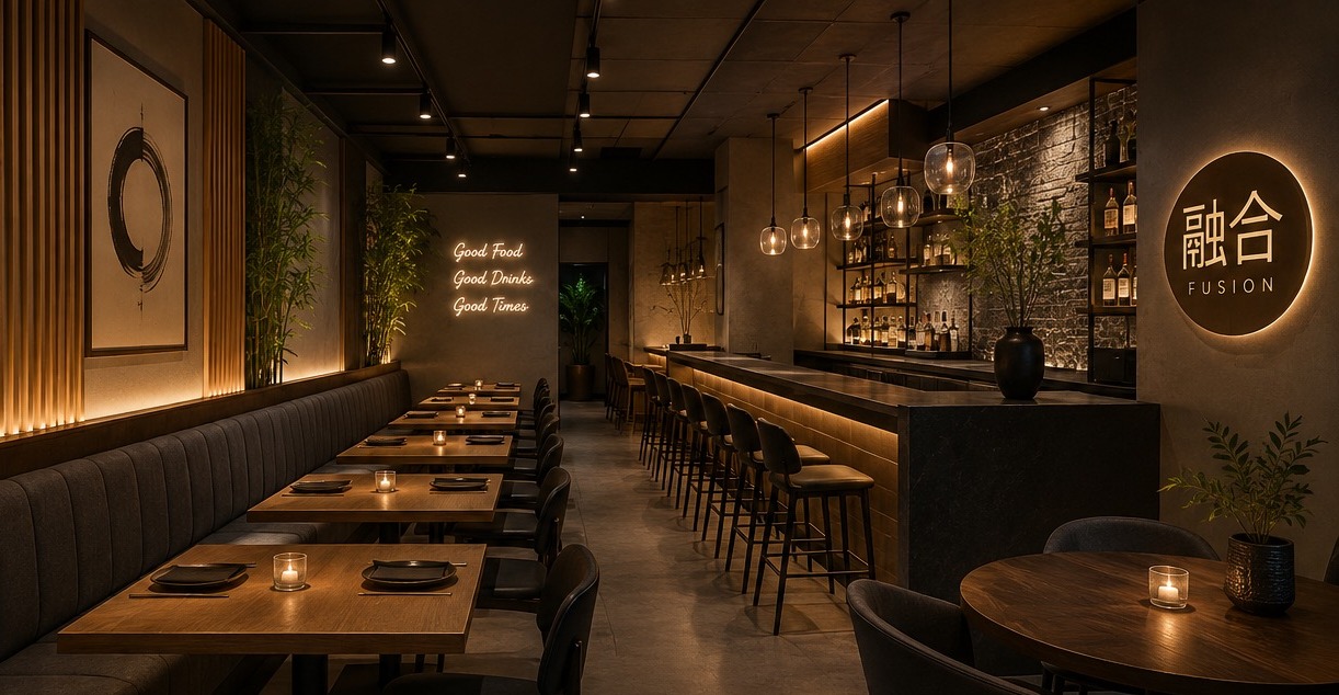 Moody evening bar scene with pendant lighting and the ensō medallion