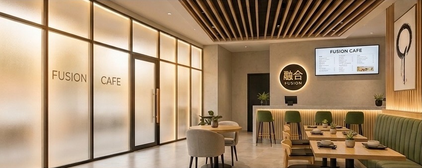 Etched glass entrance reading Fusion Café, with the ensō medallion above the host stand